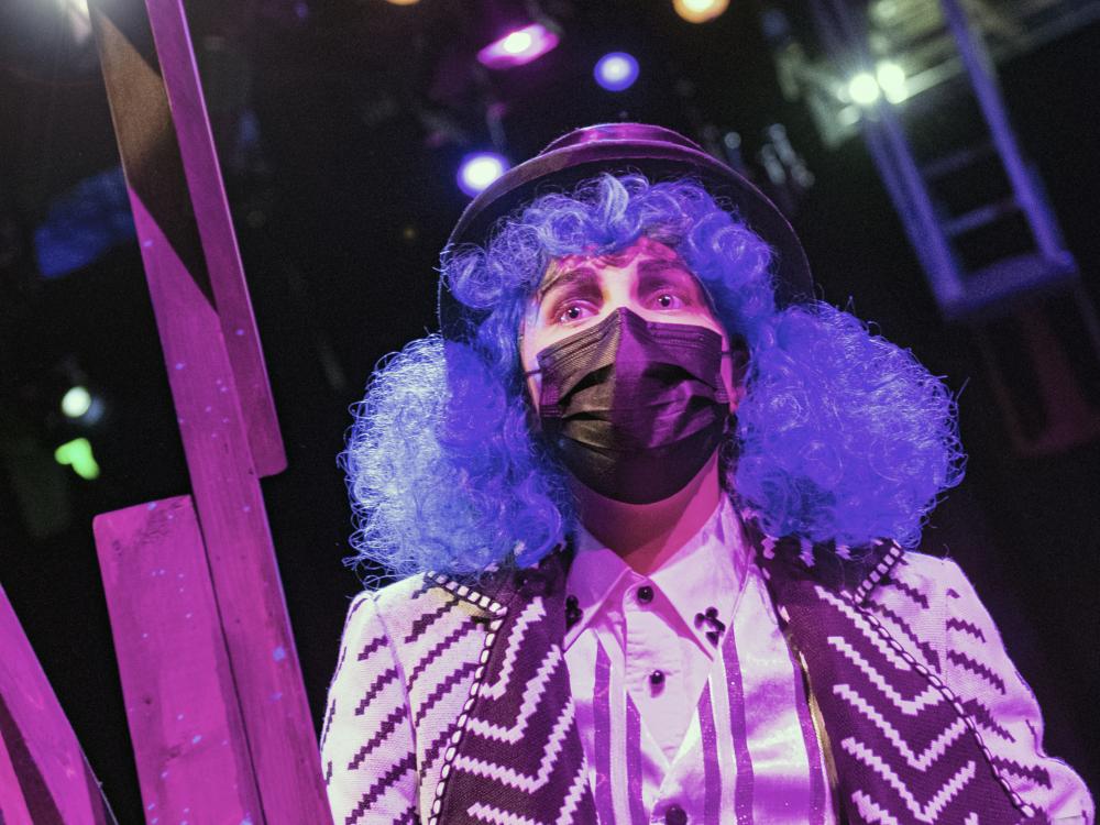 A person with a purple wig, mask and outfit on a stage