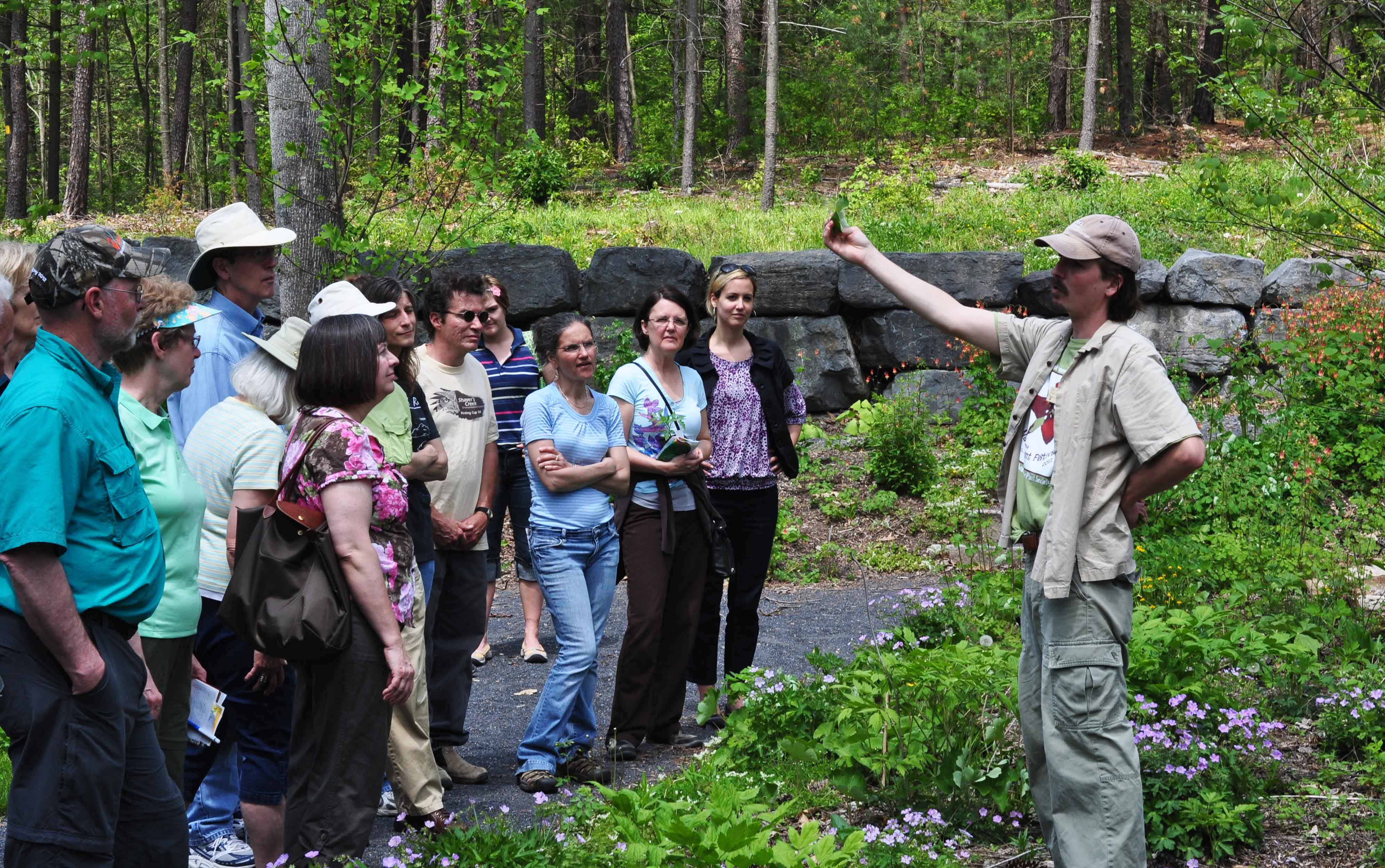 Visitors listen to walk leader talk about plants.