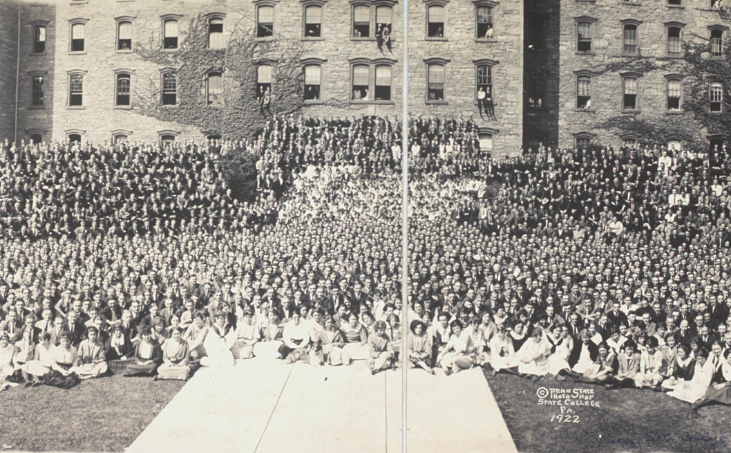 Penn State students in front of Old Main, 1922 - cropped version