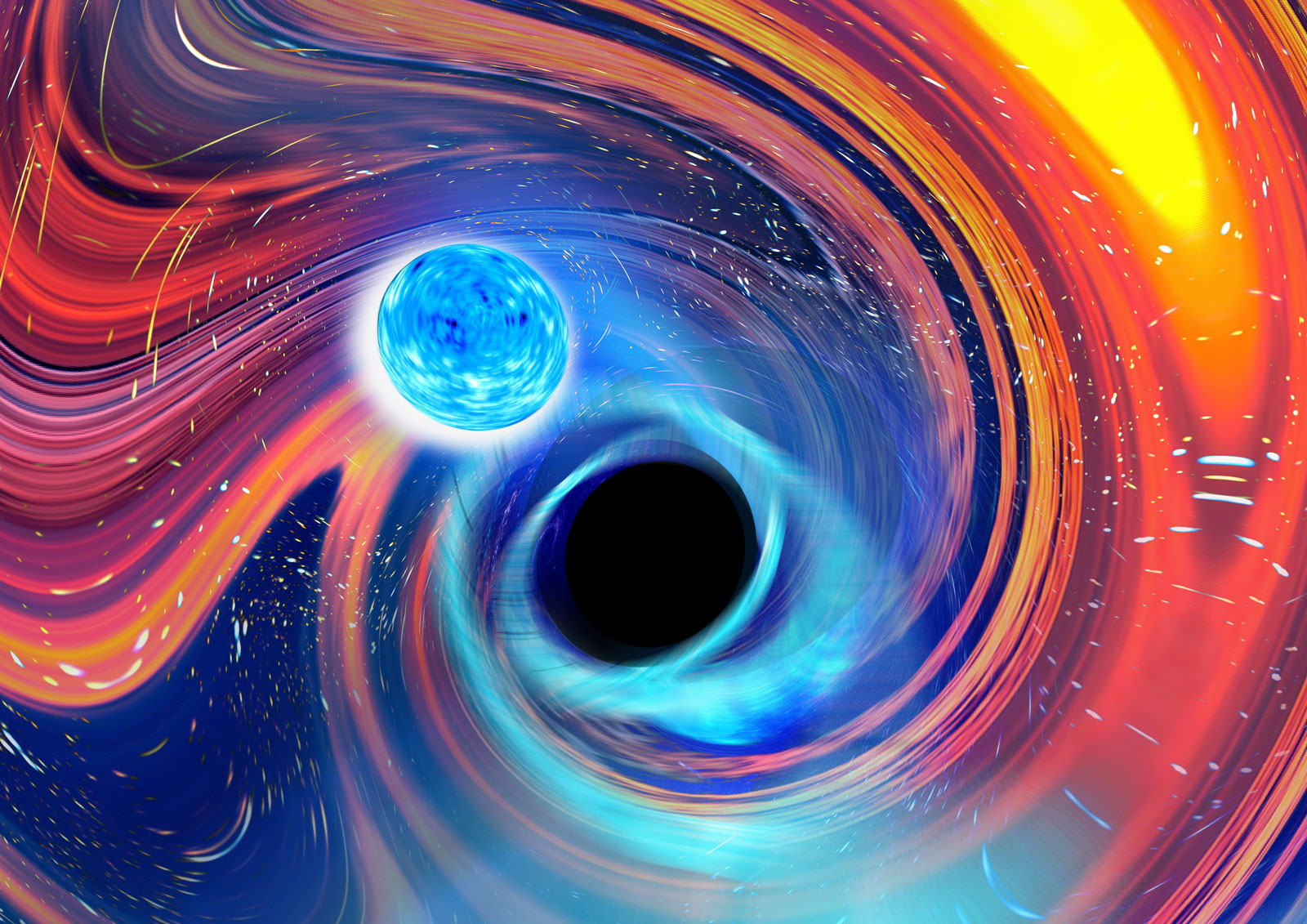 glowing neutron star approaches black hole, with colorful swirl around it