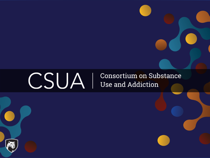 Blue header with yellow, orange, red and teal molecules that says CSUA | Consortium on Substance Use and Addiction