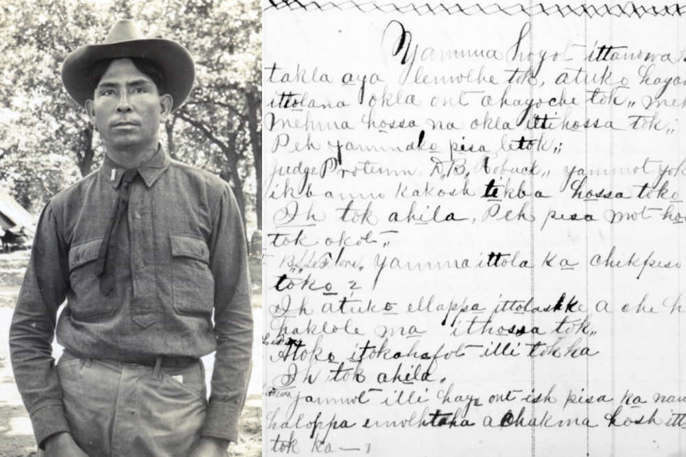 An old photo of William McClure wearing a hat and tie, next to some old handwritten Choctaw text.