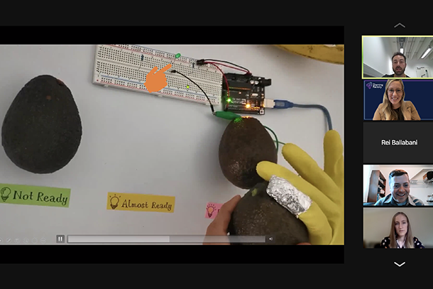 Screenshot of a Zoom meeting where a screen is shared to show a yellow glove holding an avocado