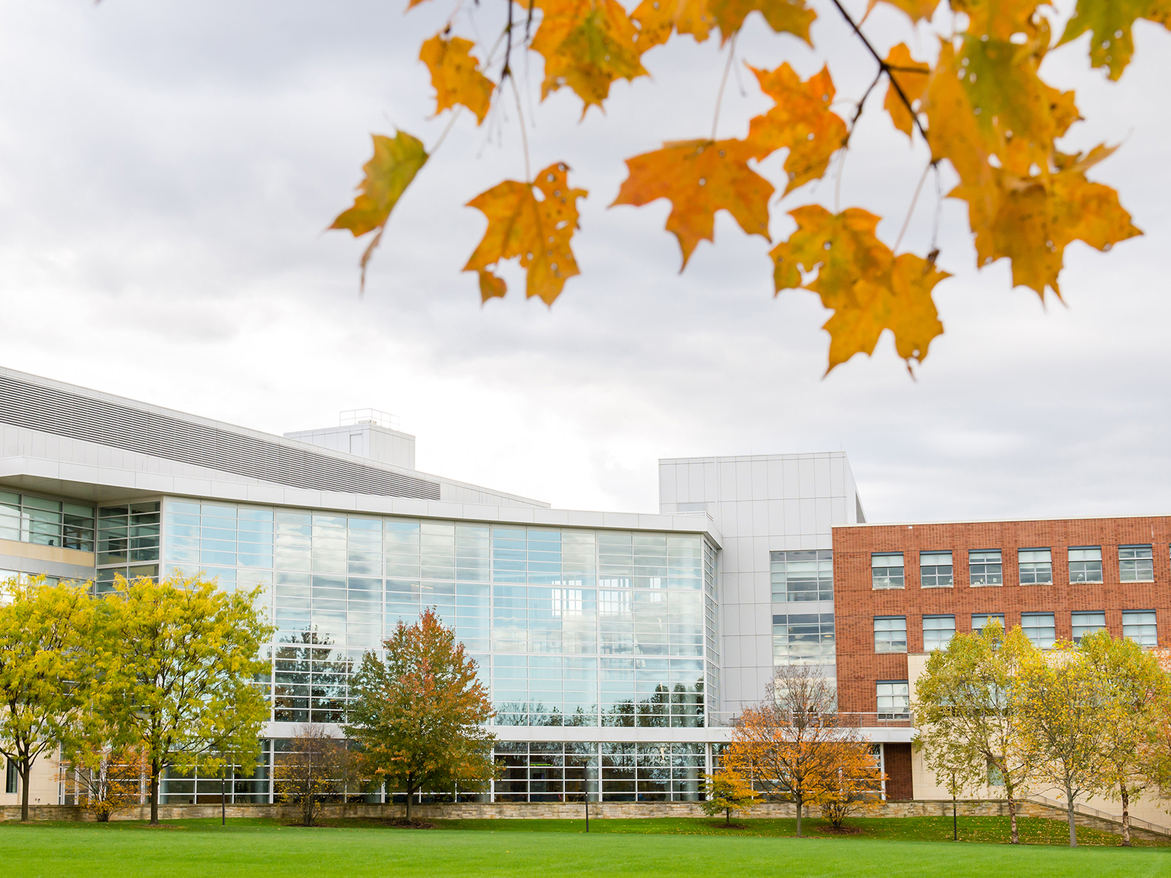 A picture of the Business Building at Penn State's University Park campus in fall.