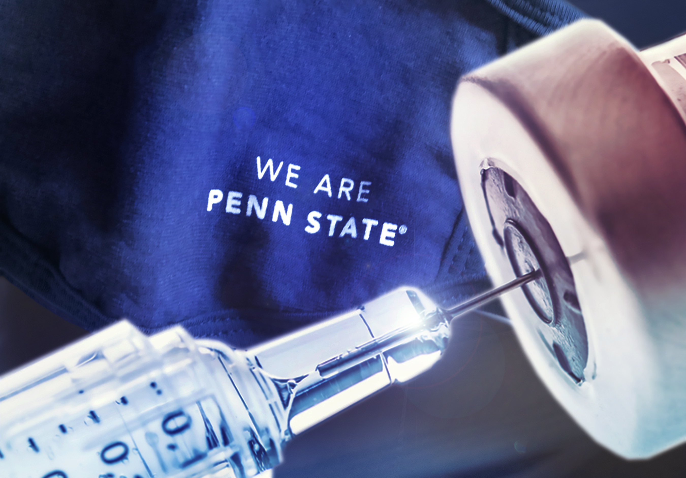 A needle in a vaccine vial with the words "We Are Penn State" behind it against a blue background