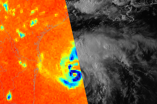 Microwave brightness temperature on top of visible reflectance for Hurricane Harvey before its landfall in Texas.