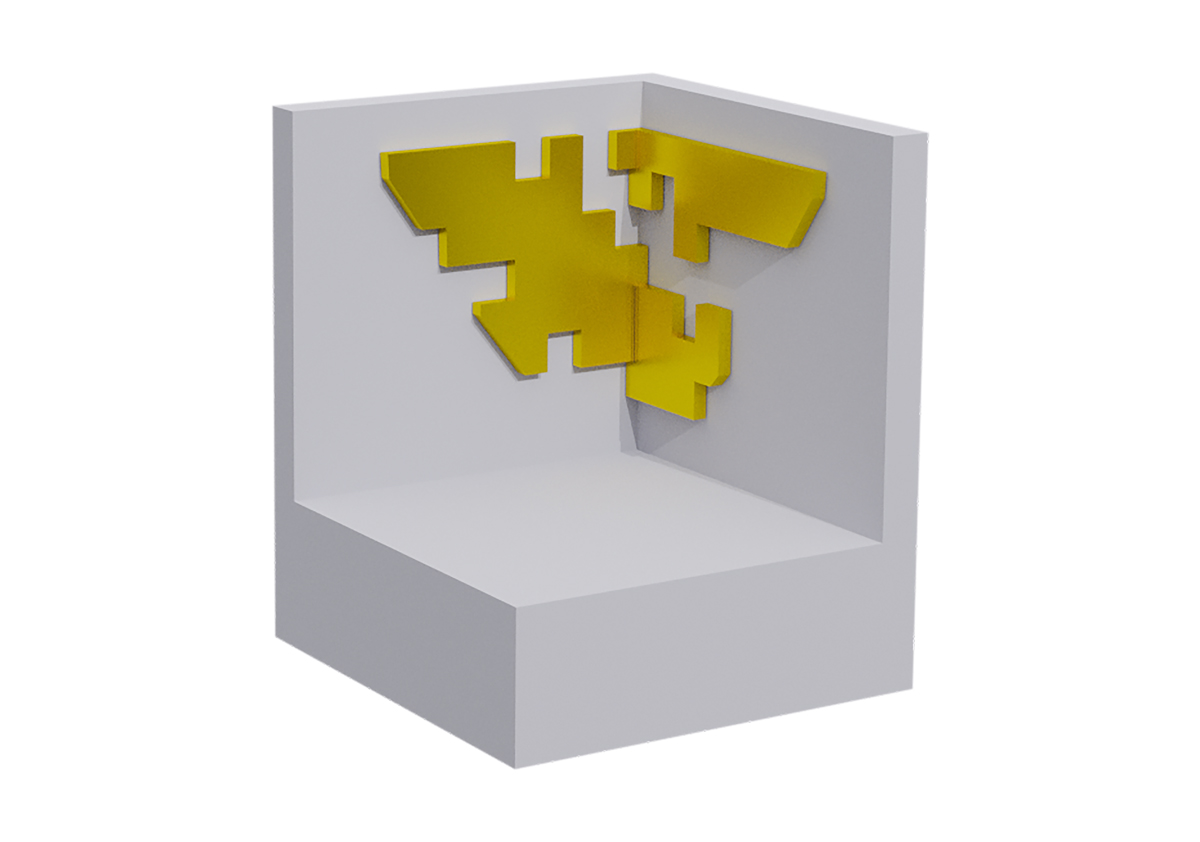 Cutaway illustration of a hollow, cube-shaped unit cell with an intricate grid pattern of gold printed on two inside walls. 