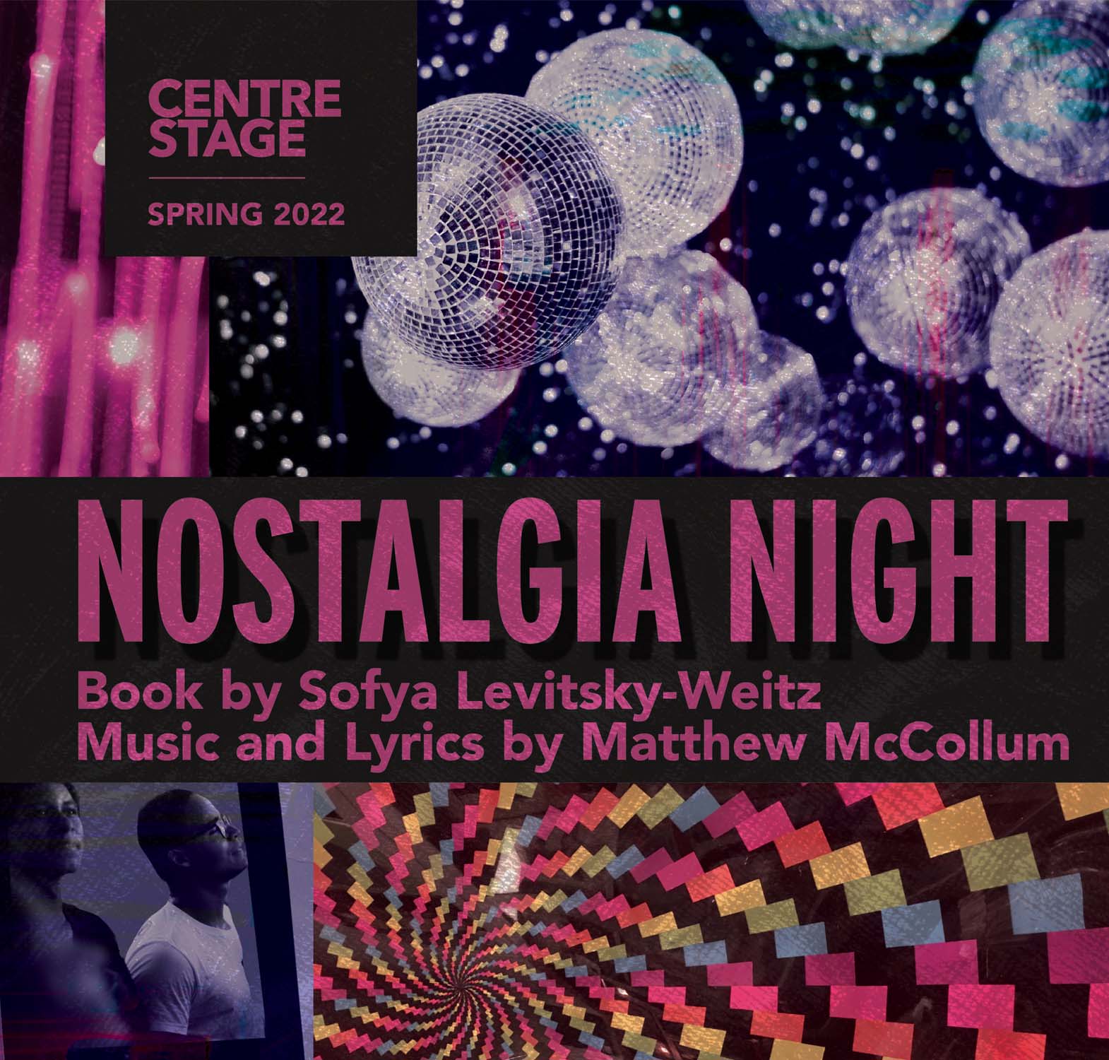 Nostalgia Night graphic with disco balls, and flashing light images