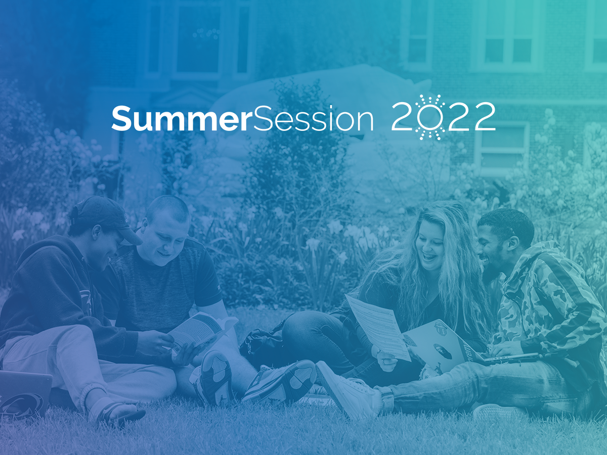 "SummerSession 2022" over an image of students studying and sharing notes in a quad in the summertime