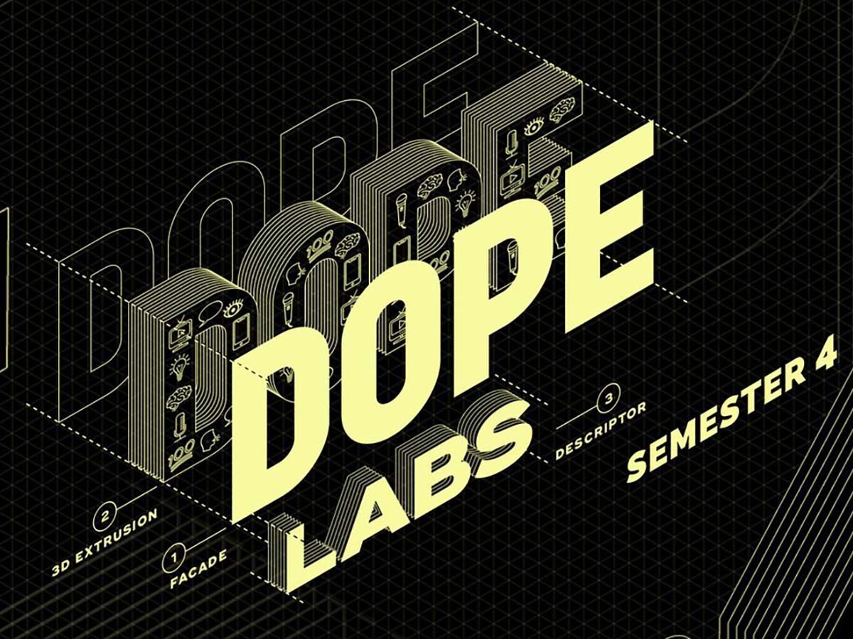 Three-dimensional lettering spelling out Dope Labs Semester 4 on a black background