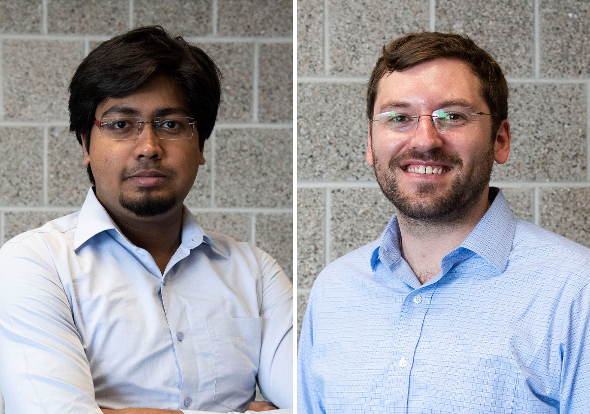 Two head and shoulders photos of men in front of a wall. 