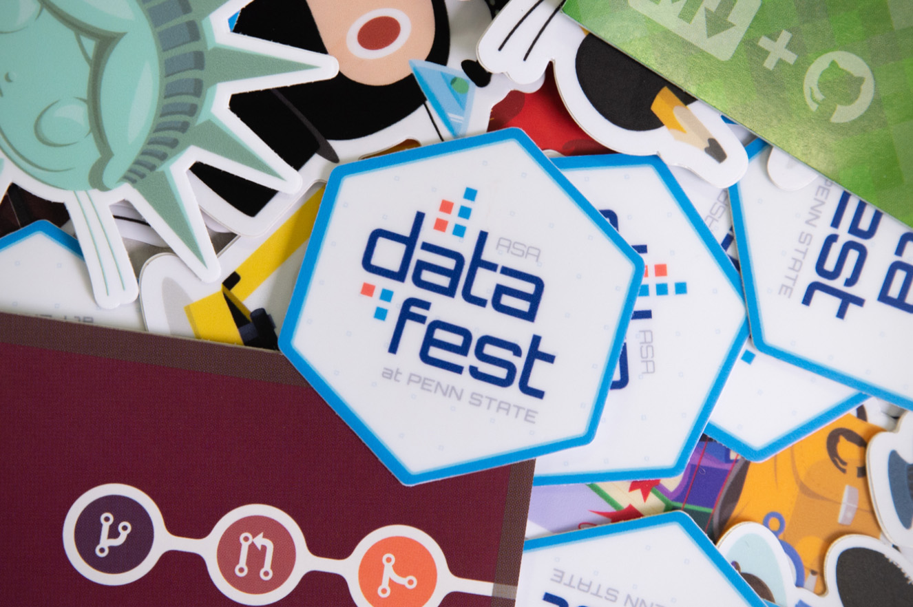 pile of DataFest stickers