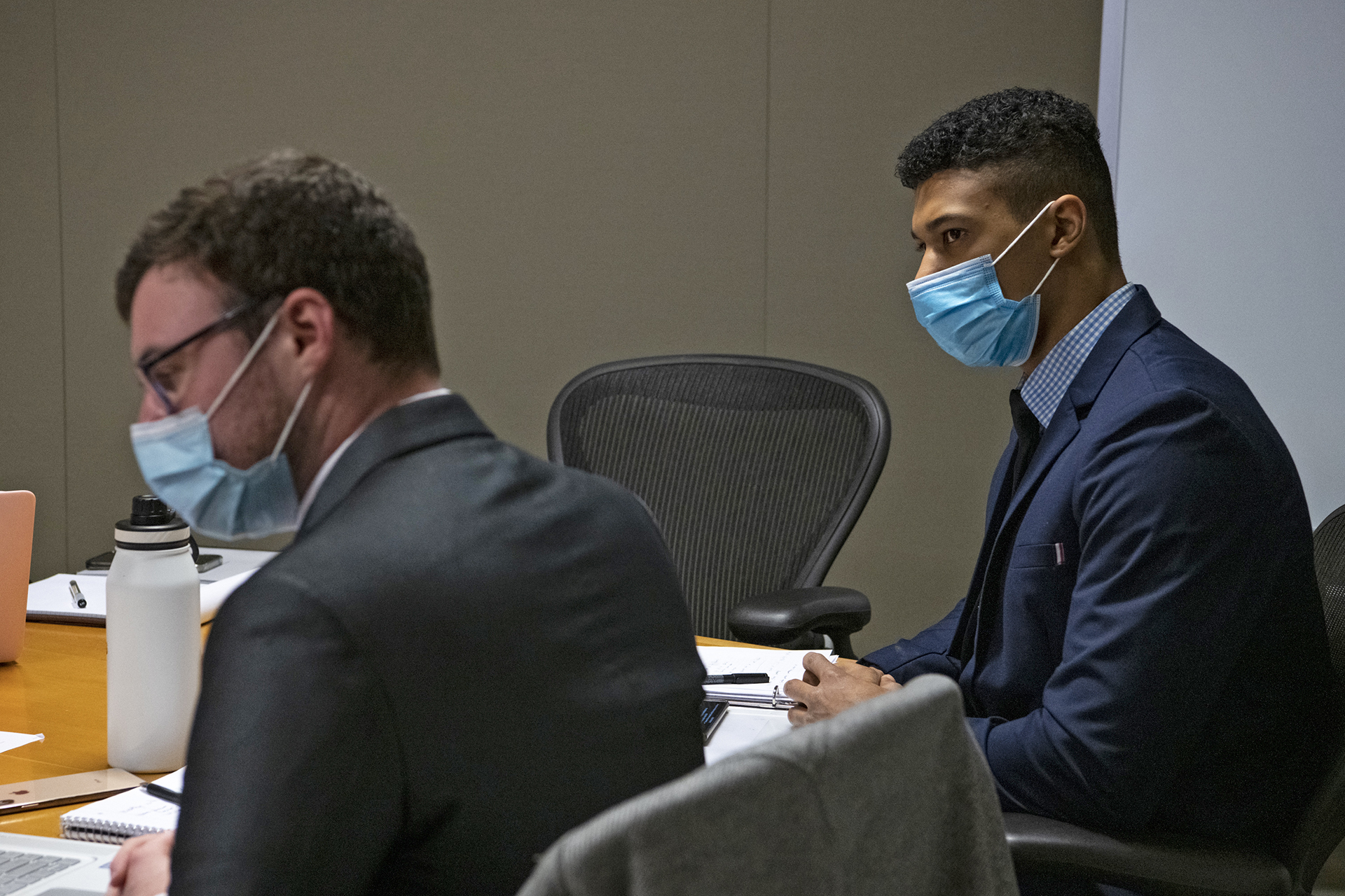 Third-year law student Dominic Trader participates in the national security simulation.