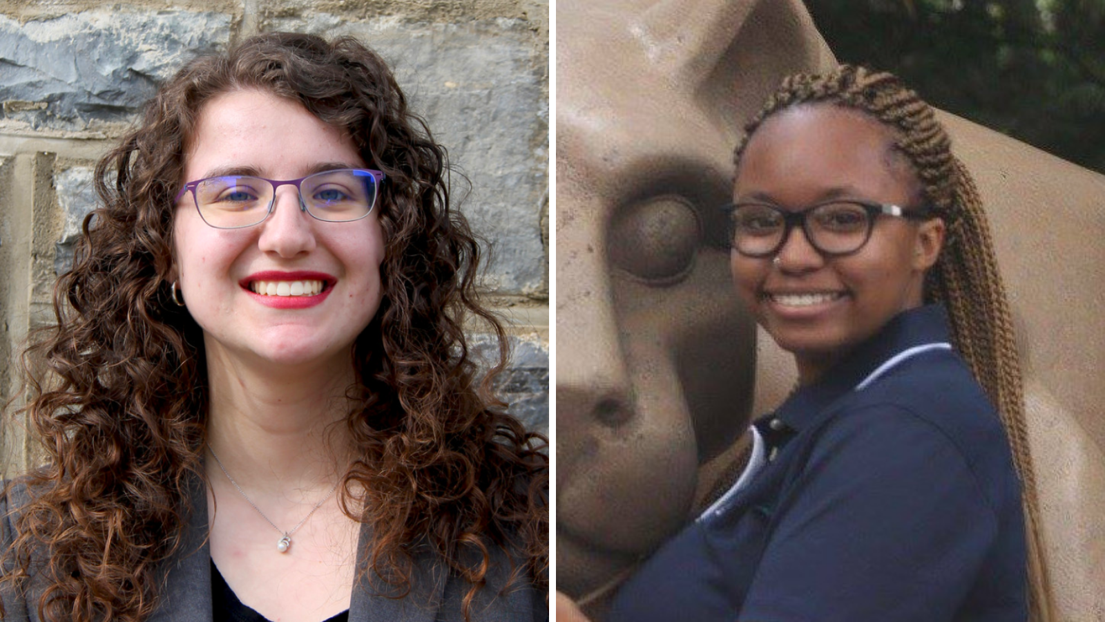 woman on left in front of Old Main window, woman on right in front of lion shrine statue