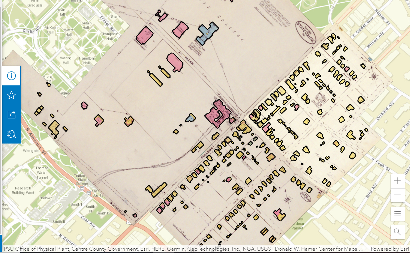 A map of State College, Pennsylvania, from 1906, showing the locations of buildings and roads, 