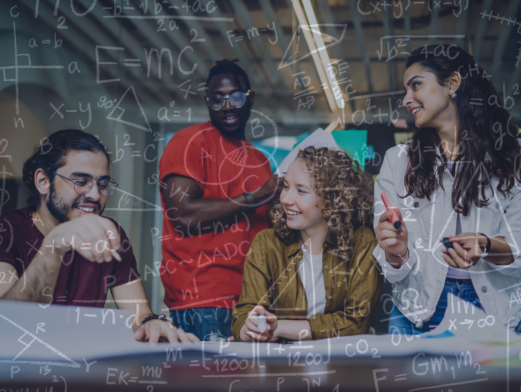 photo of four male and female students with an overlay of math/STEM equations