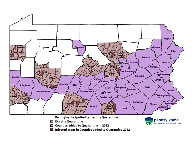 A map of Pennsylvania showing the counties that are included in the spotted lanternfly quarantine zone 2022