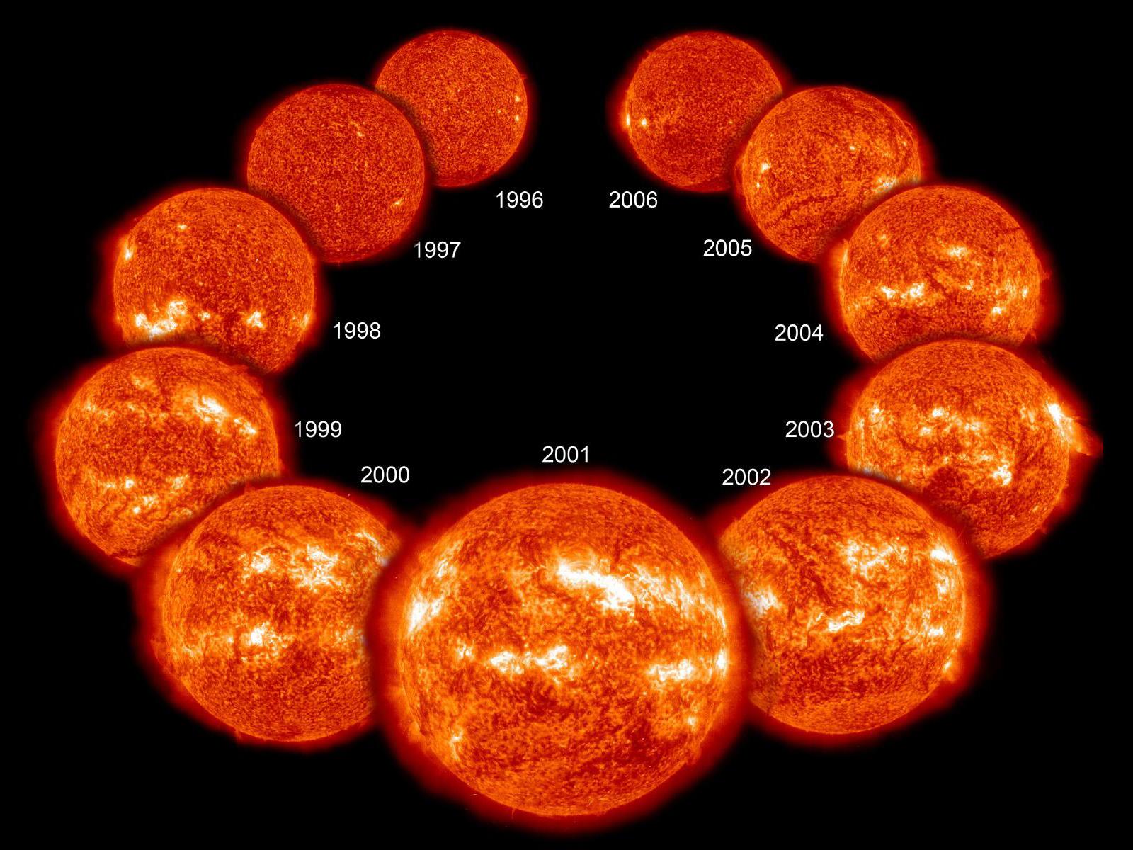 11 images of suns with varying amounts of sunspots