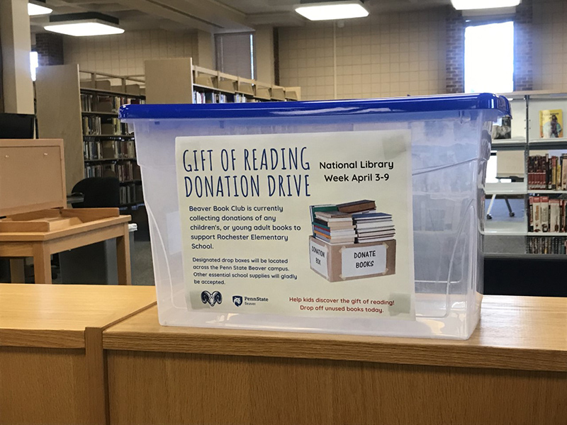 A plastic collection bin is pictured in the campus library