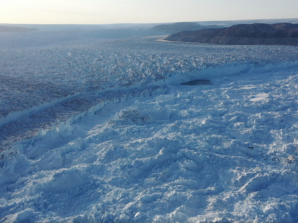 A drone image from above Helheim Glacier in Greenland  