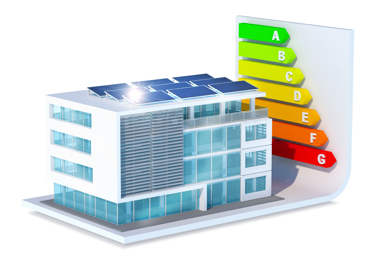 Illustration of building next to sustainability graph.