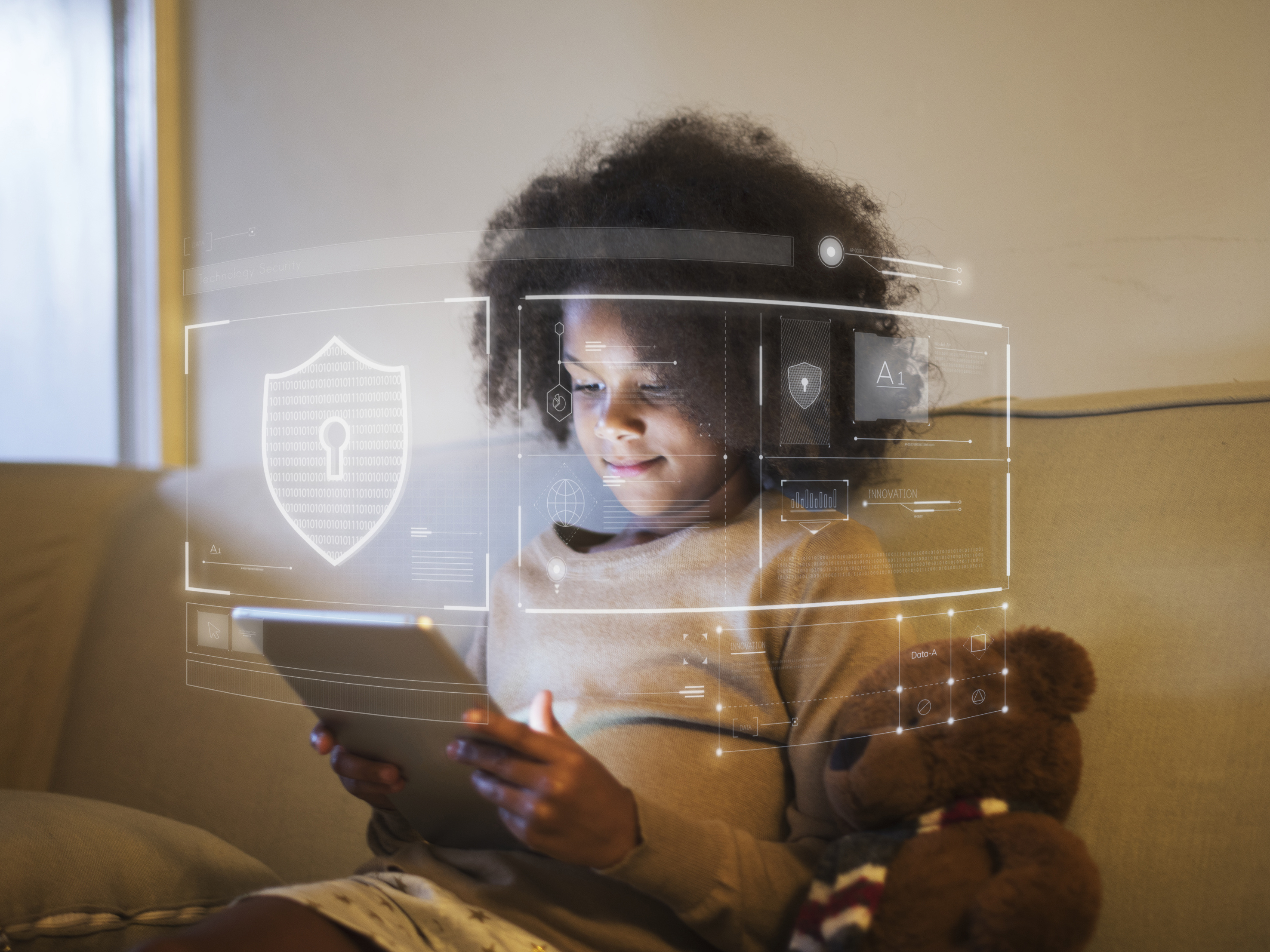 A child uses a tablet. The image contains overlays of cybersecurity and privacy icons.