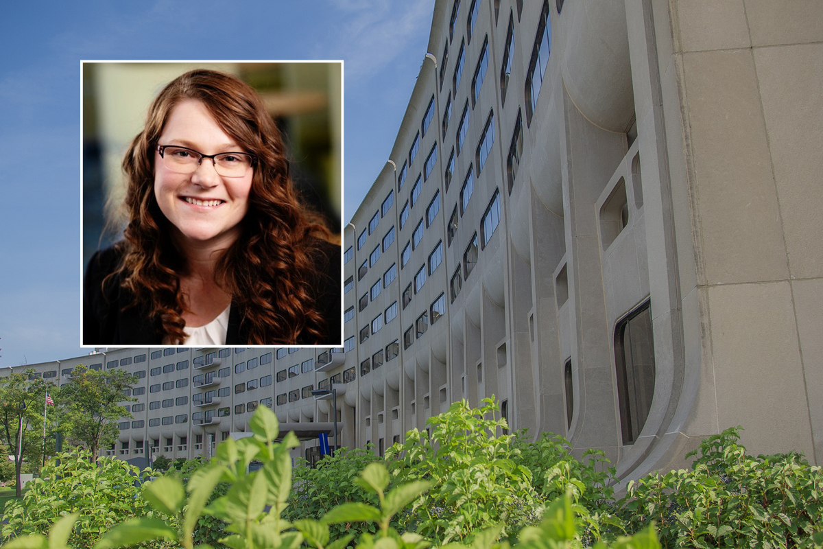 A headshot image of Larissa Whitney is superimposed on a photo of the Penn State College of Medicine "crescent."