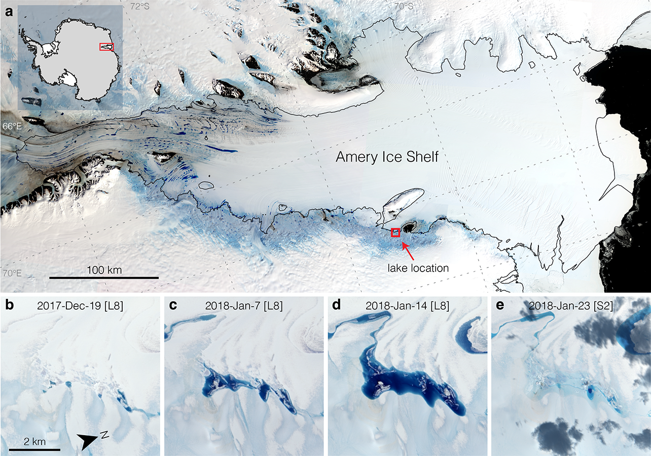 A time series showing a meltwater lake at the grounding line of the Amery Ice Shelf filling and draining