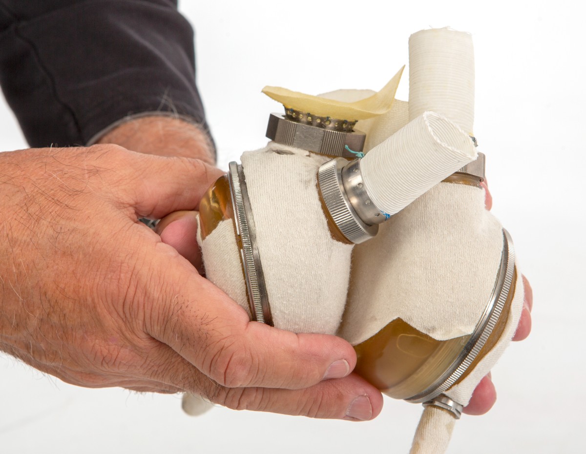 A pair of hands holds an artificial heart device. 