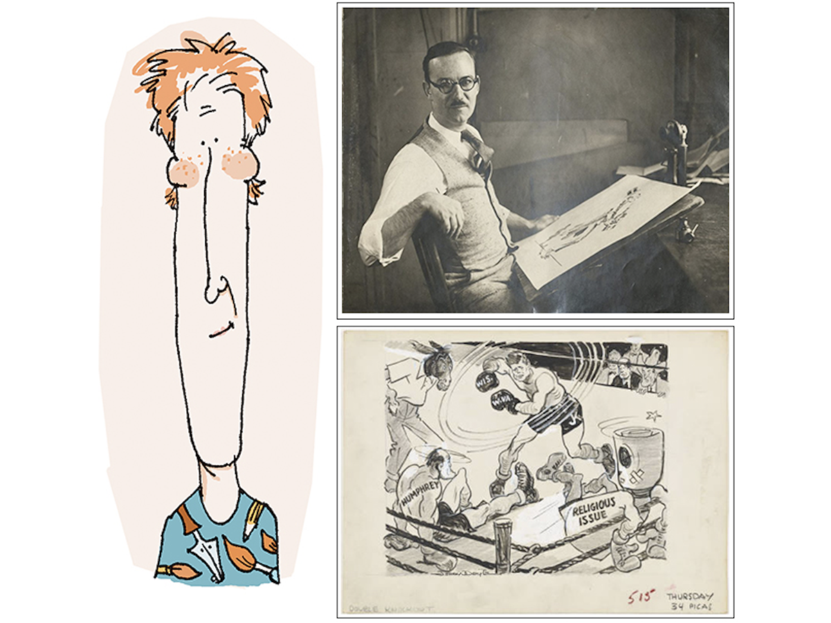 three image collage, one a color caricature of tall, narrow face, the others both black and white, one is a photo of seated man with drawing board propped against desk and leaning on his lap, the other below is an drawing of a boxing ring with John F Kennedy having punched a dizzy Hubert Humphrey and a vague figure labeled religious issue