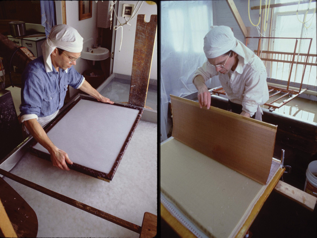 side-by-side photos of man holding wooden frame at left with screen and rectangular layer of wet, white paper pulp atop it and pulling up a flexible bound mat from a similar rectangular layer of wet, white material