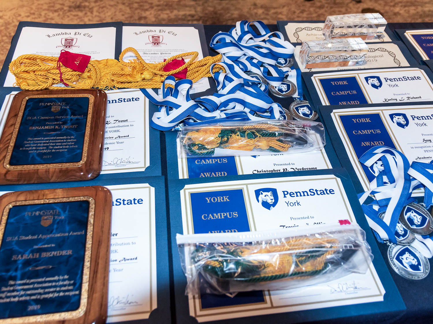 Table covered in plaques, award certificates, and honors cords.