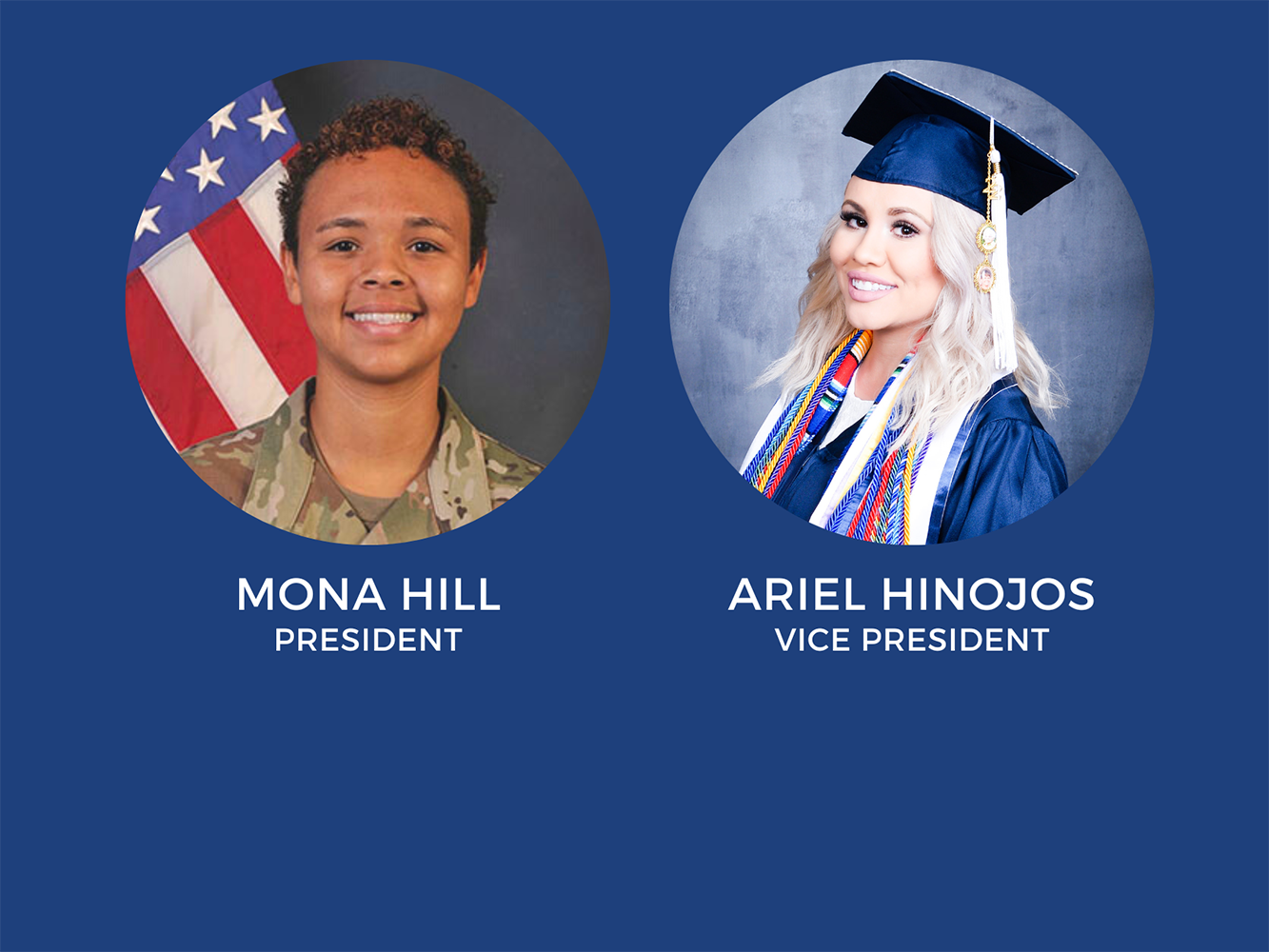 Images of Mona Hill and Ariel Hinojos against a blue background