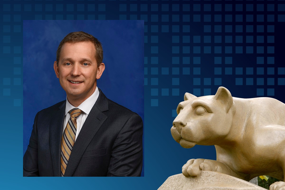 A headshot of a man smiling overlaid on a graphic with a statue of a lion 