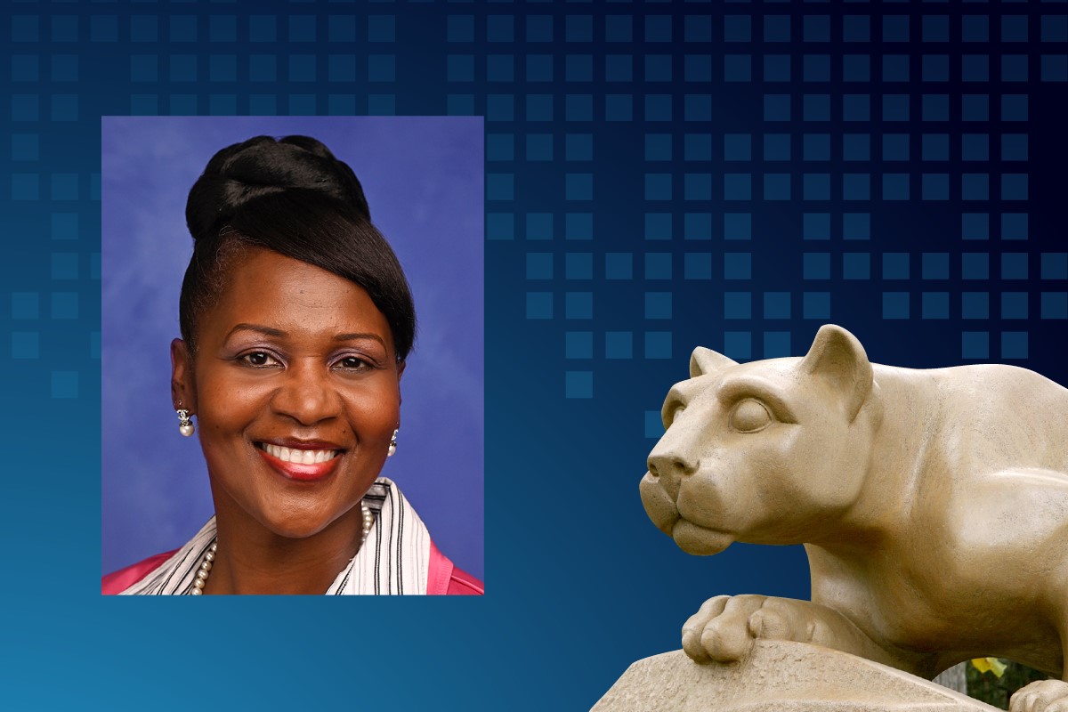 A headshot of a woman smiling overlaid on a graphic with a statue of a lion 