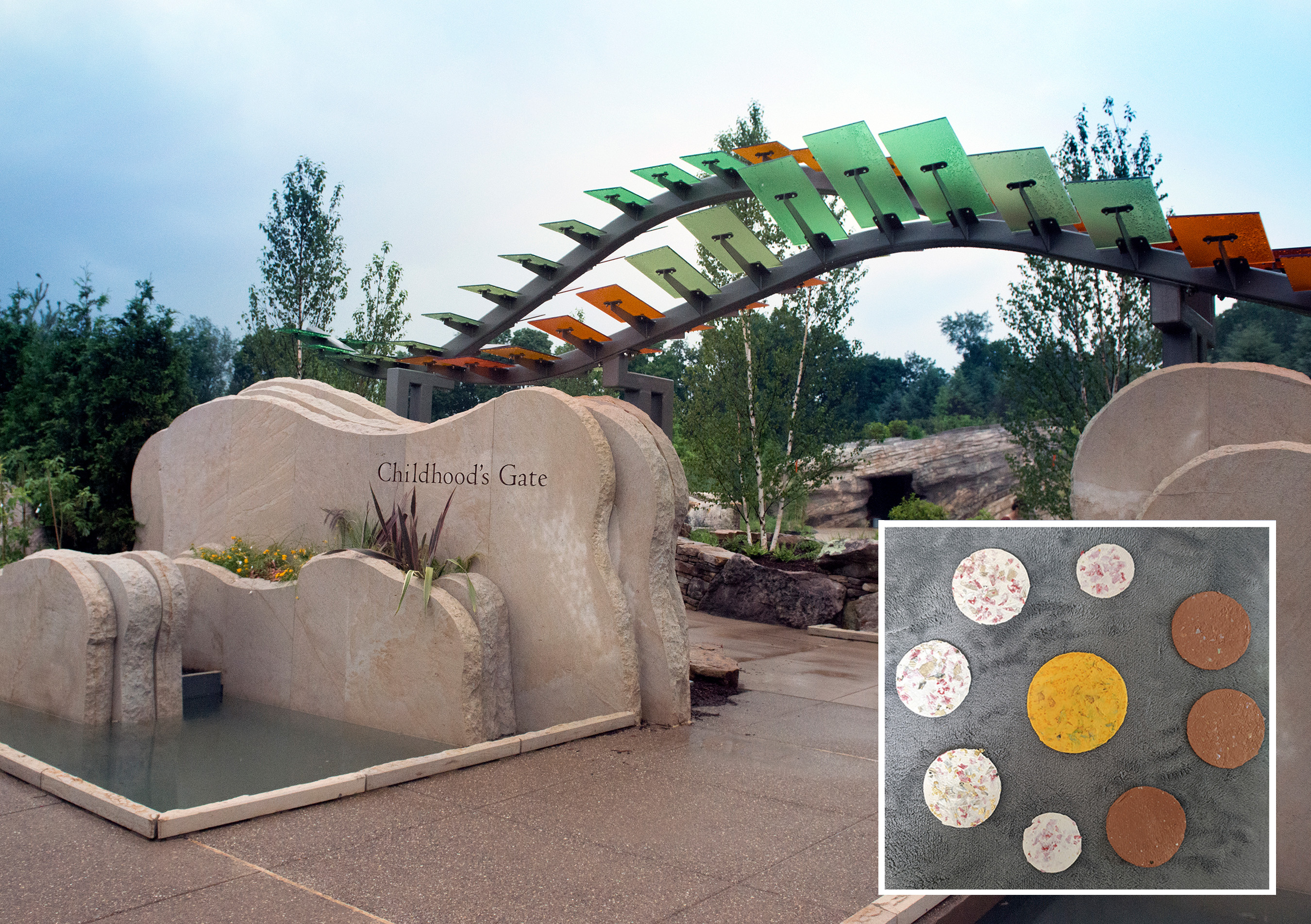 photo of garden entrance with photo inset of small round paper discs