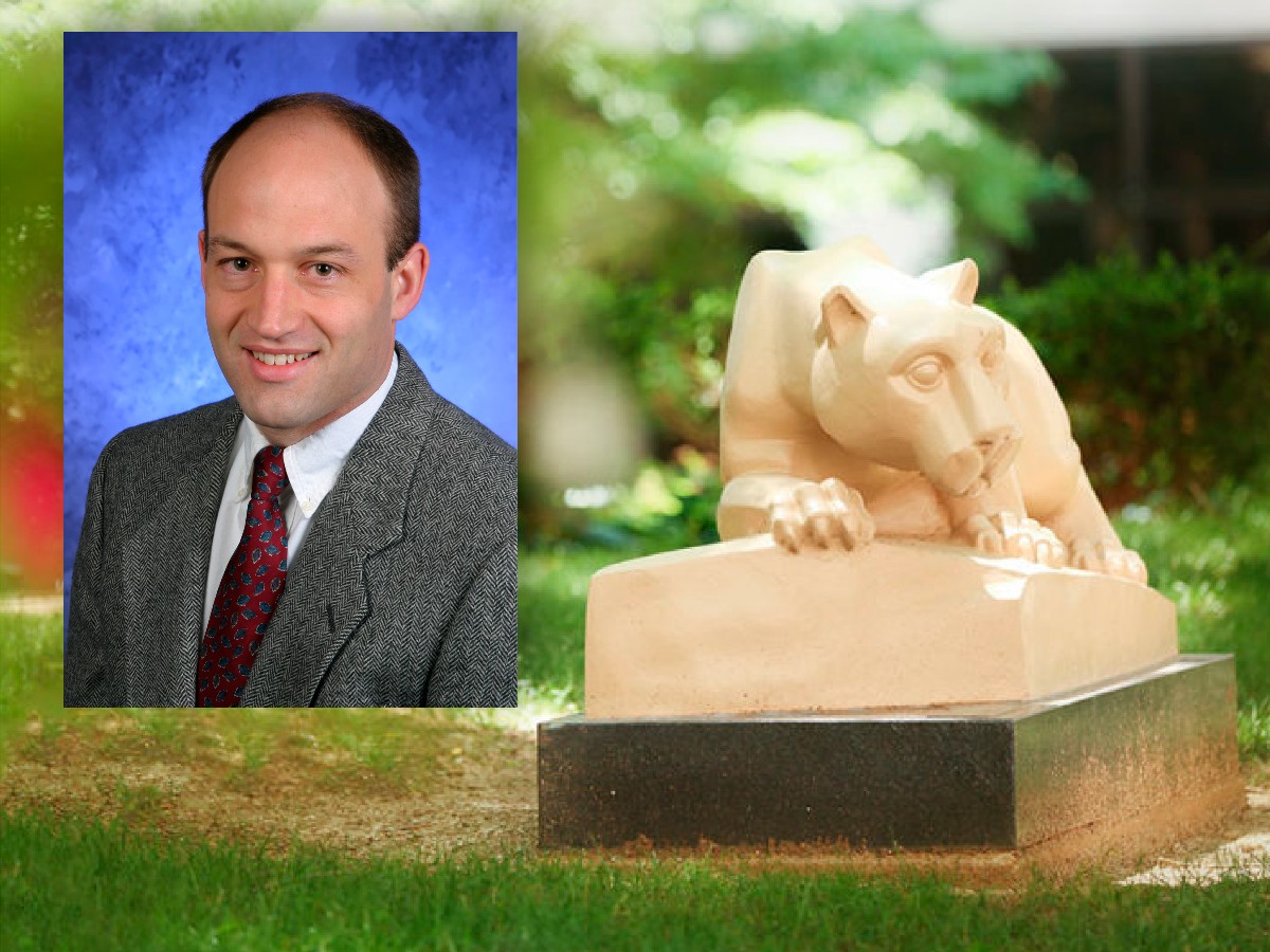 Image of the Penn State Nittany Lion statue with a photo of Penn State College of Medicine’s David Mauger alongside of it. 