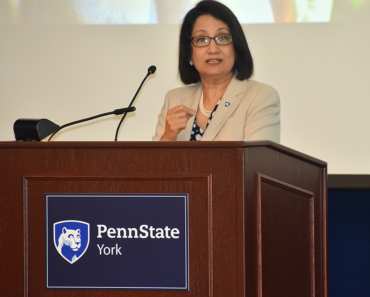 Neeli Bendapudi at podium at Penn State York