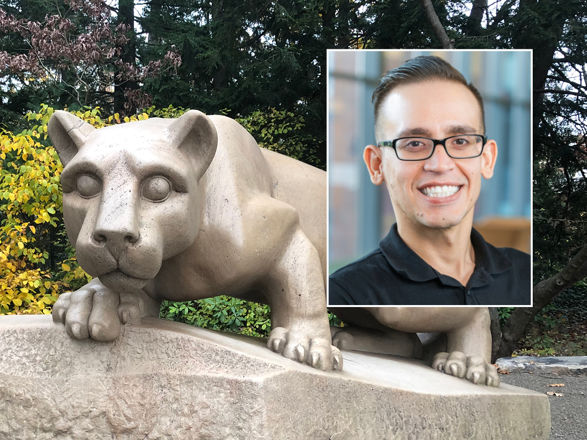 A head and shoulders professional portrait of Keenan Anderson-Fears against a background image of the Nittany Lion shrine.