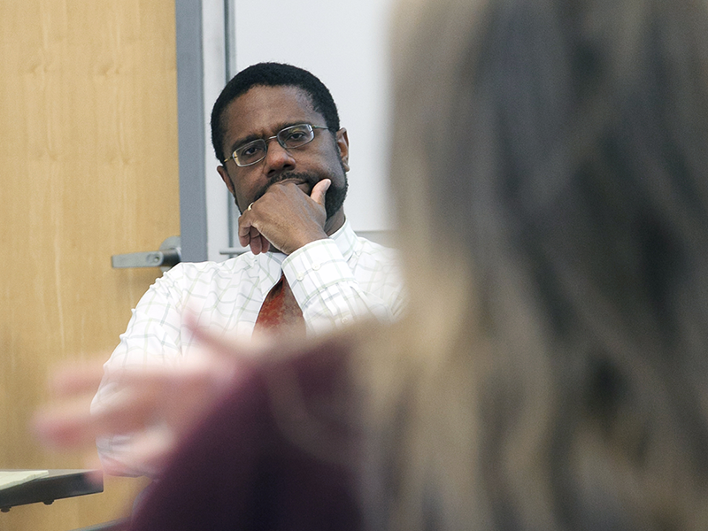 Windsor “Tony” Morgan listens as a student speaks in a first-year seminar course at Dickinson College. 