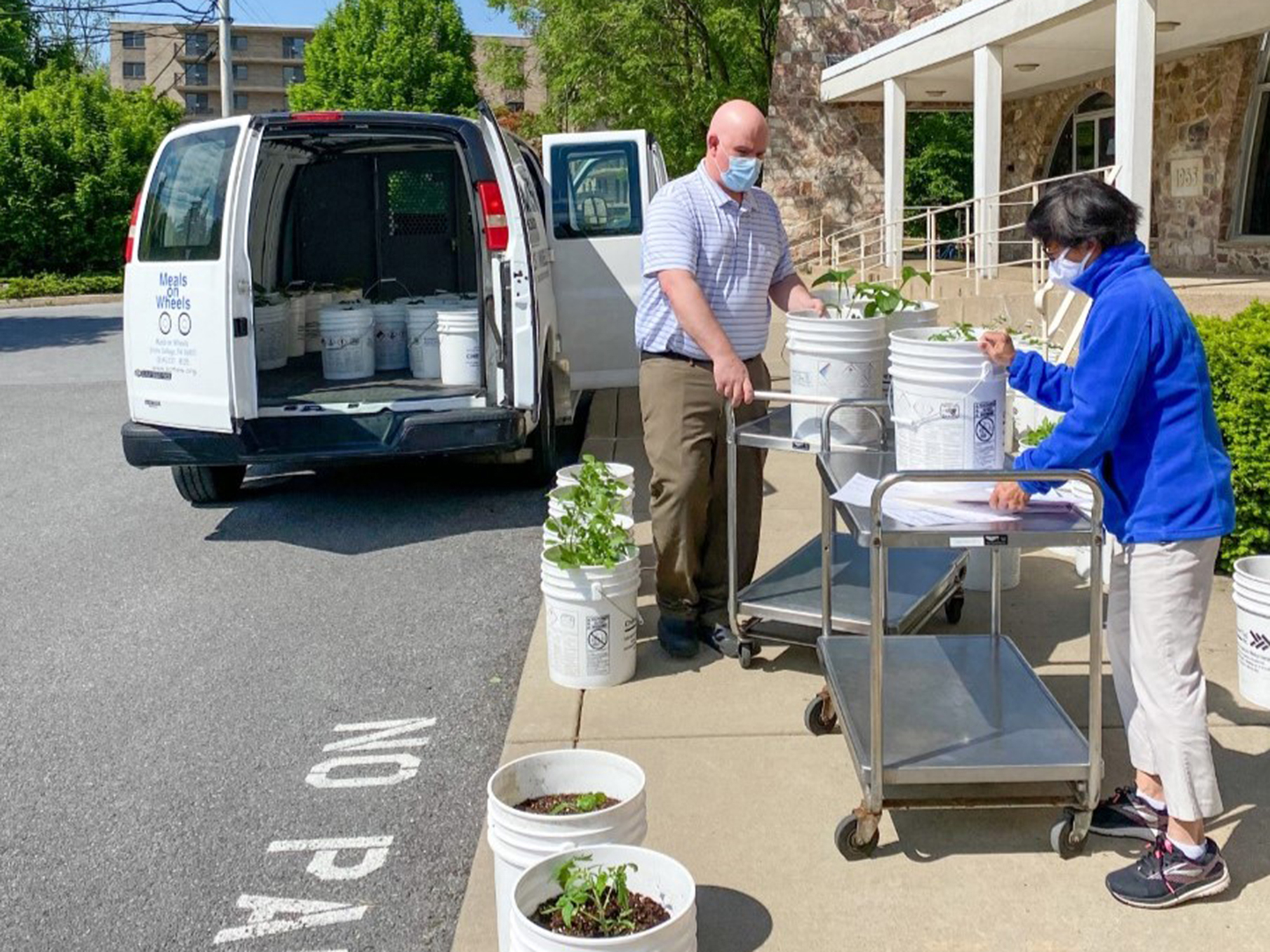 woman and man delivering buckets with seedlings