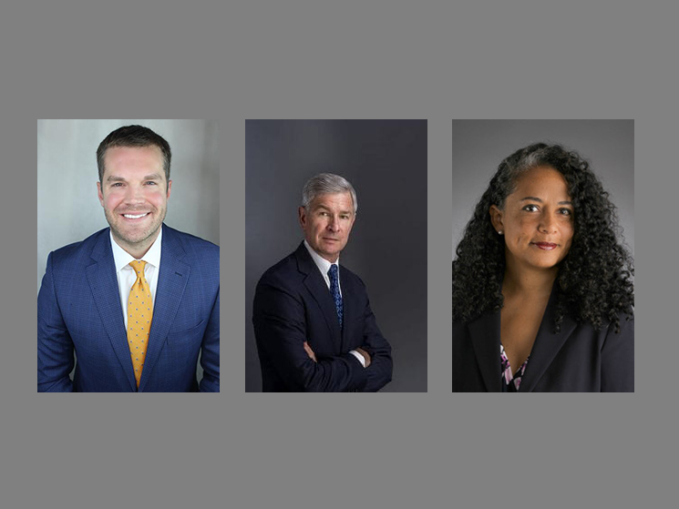 Three individual portraits of Douglas M. Leech, Mark Becker, and Na’ilah Nasir