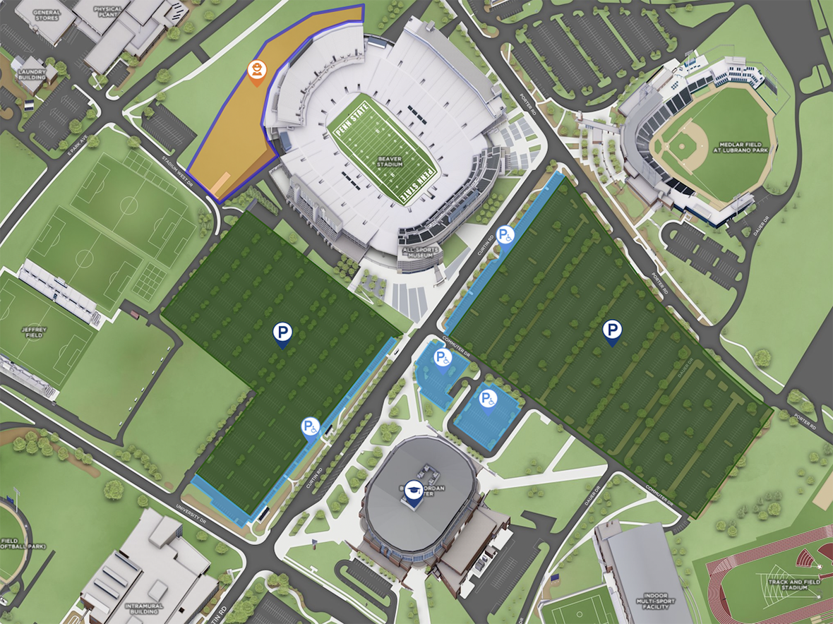 A map showing parking areas around the Bryce Jordan Center at University Park