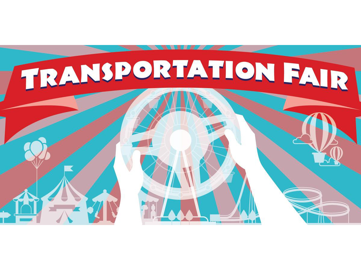 Transportation Fair graphic showing tents, a hot air balloon, and hands on a steering wheel