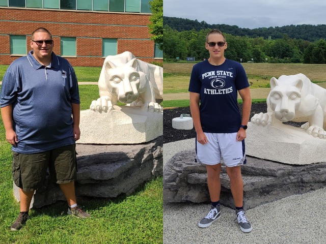 Zachary Johnson before (left) and after (right) his impressive 175+ weight loss