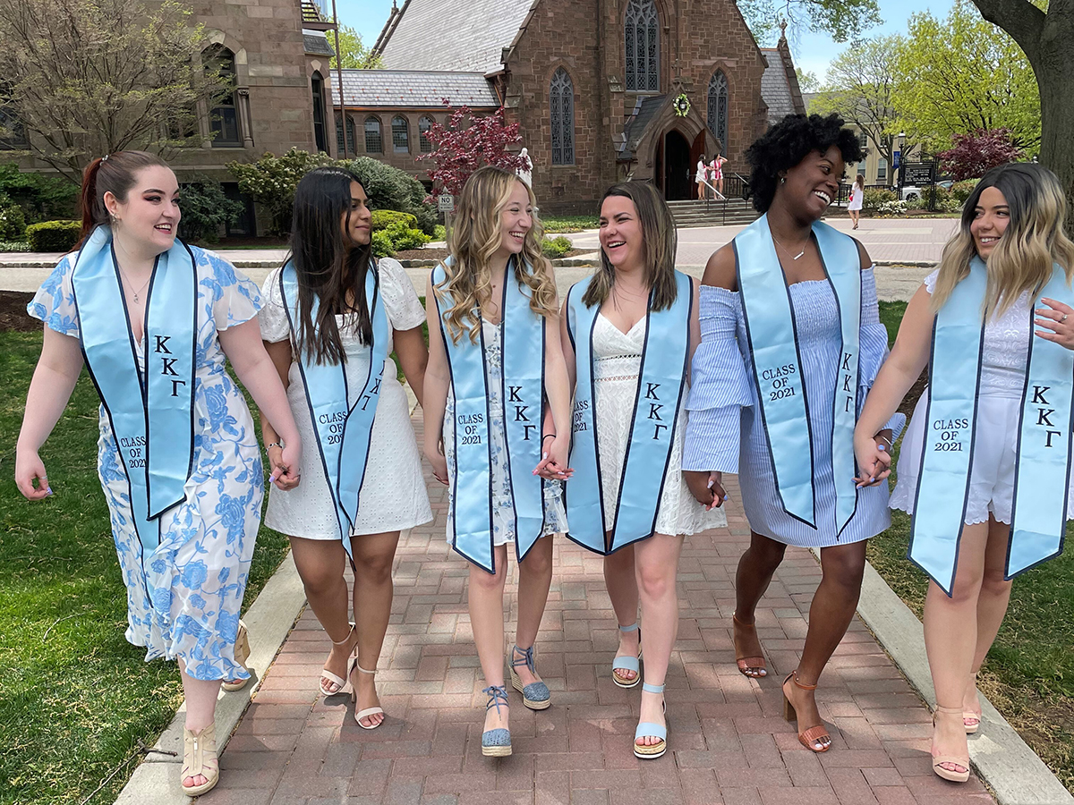 Sorority women walking in a line together