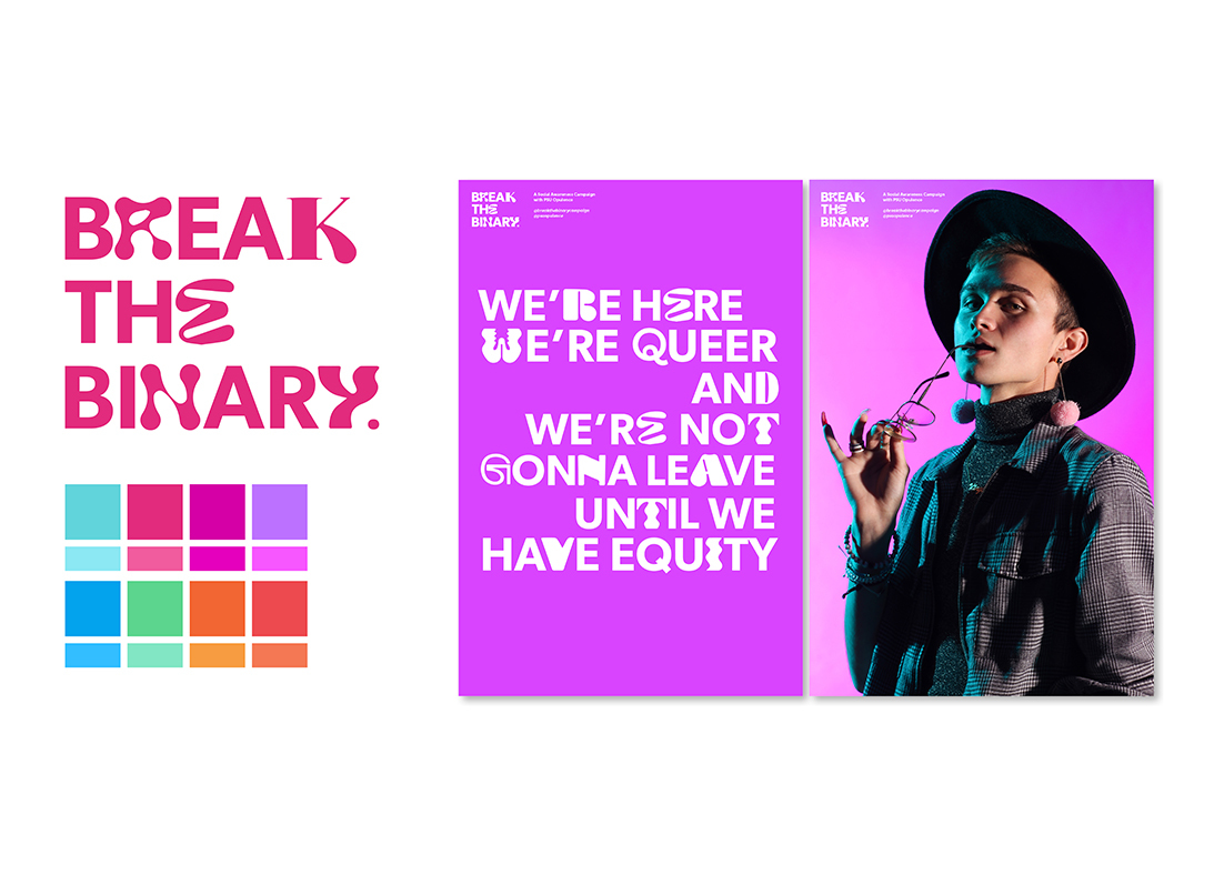 Break the Binary promotional text next to an image of person in a hat biting on a pair of glasses.