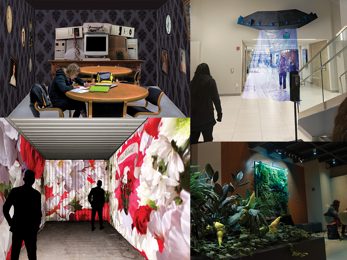 four image collage of student design concepts for library spaces