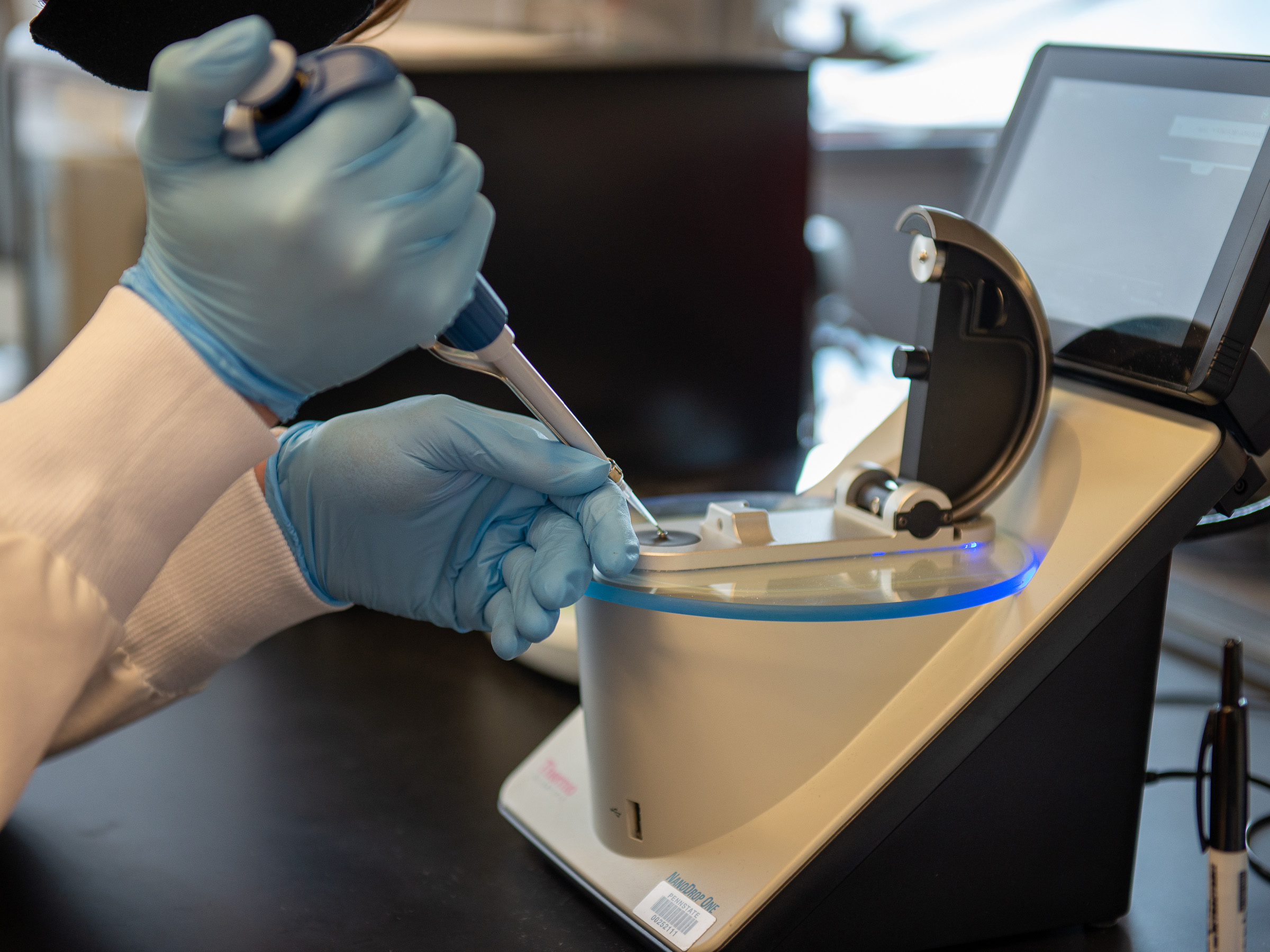 hands in rubber gloves distribute liquid to spectrophotometer