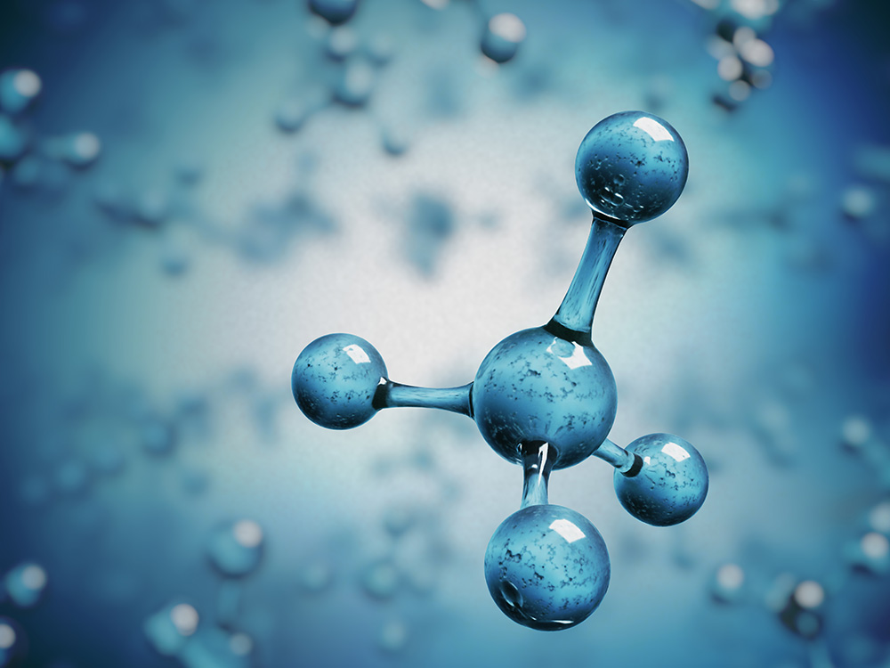 floating 3D methane molecules on blue background